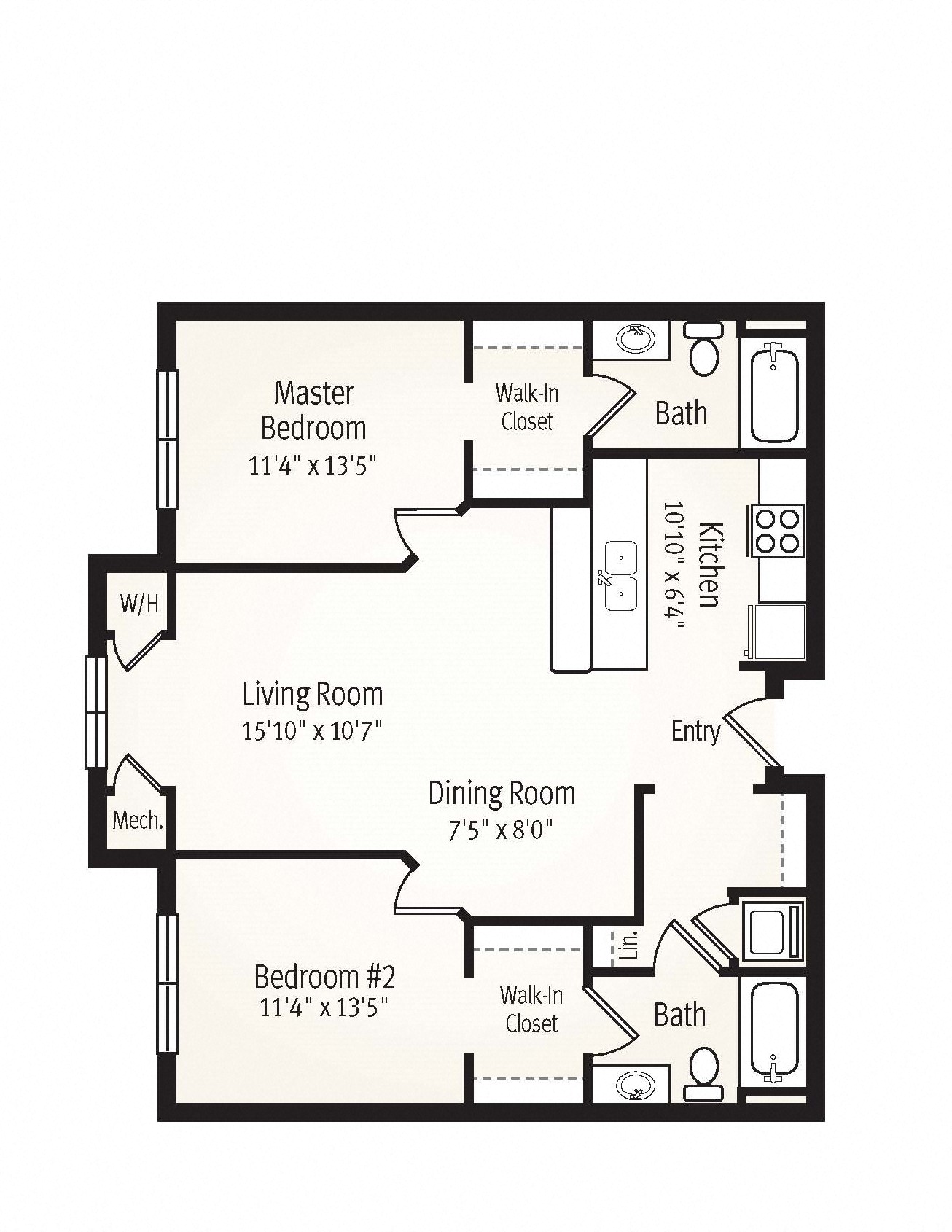 Floor plan for 2 beds, 2 baths